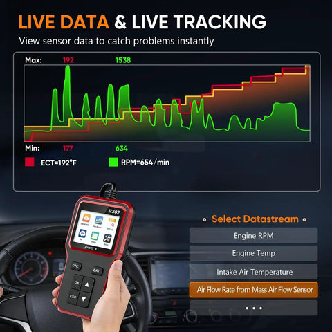 All In One OBD II Diagnostic Tool With Battery Tester, Code Reader for Check Engine Light displaying live data on screen