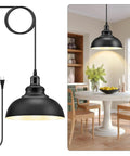 Plug In Industrial Pendant Light With 12.86 Ft Cord And Dimmer Switch, hanging over dining table in modern kitchen.