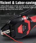 Heavy Duty Wireless Crimping Tool Kit With Seven Quick Swap Dies, 21 Volt Rechargeable Battery And Charger close-up of alloy steel jaws crimping a wire.