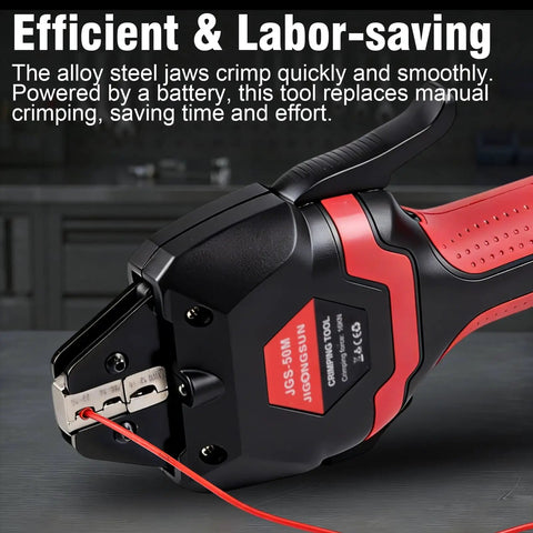 Heavy Duty Wireless Crimping Tool Kit With Seven Quick Swap Dies, 21 Volt Rechargeable Battery And Charger close-up of alloy steel jaws crimping a wire.