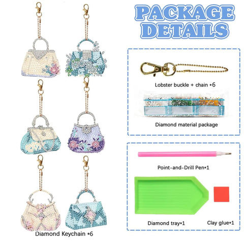 Detailed view of Six Piece Double Sided Diamond Painting Keychain Kit Set For Beginners And Adults with tools and bag.