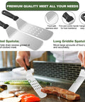 Ultimate 18 Piece Griddle Gear Kit with spatulas flipping steak on flat top grill for Blackstone and Camp Chef BBQ