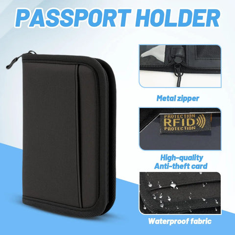 All In One Travel Organizer Passport Holder With RFID Blocking, ten pocket wallet with metal zipper and waterproof fabric