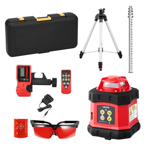 Rotary Laser Level Kit With 984 Ft Range, 360 Degree Self Leveling Red Horizontal Laser Transit For Construction Sites, Tripod, Receiver, Remote, Scale, Case, IP54 Waterproof, 0.12 In Per 100 Ft Precision, Must Have Pro Grade Setup