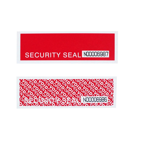 Tamper-evident security tape label, red with SECURITY SEAL and a serial-number box.
Tamper-evident tape with OPEN VOID pattern and a serial-number label.