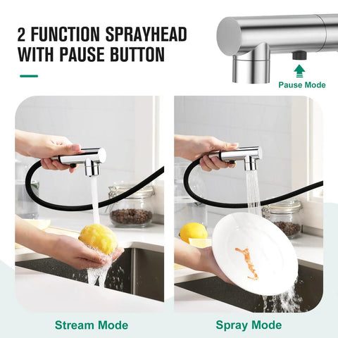 Single Handle Kitchen Faucet With Pull Out Sprayer And Deck Plate, Chrome Finish, showing Stream and Spray function modes