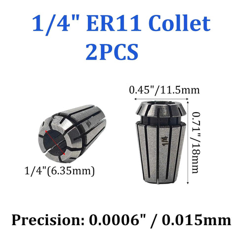 Image showing 2 Pack ER11 Spring Collet One Quarter Inch High Precision Collet Chuck dimensions and precision details.