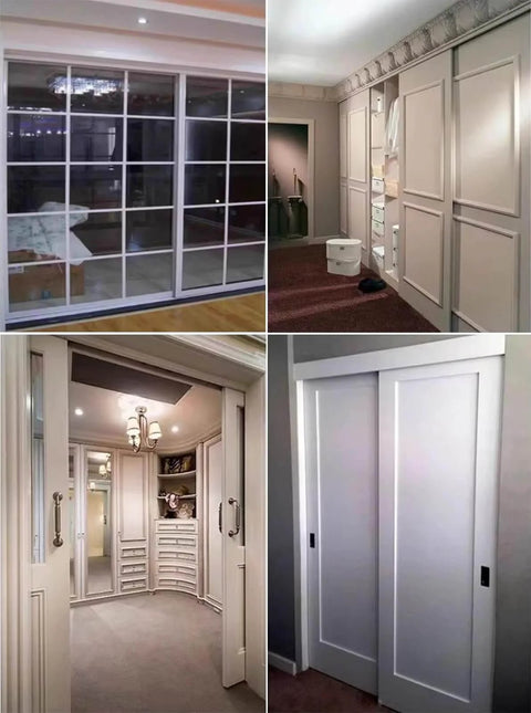 Smooth Glide Cabinet Sliding Door Kit With Double Rails For Kitchen And Wardrobe Interior Bypass Barn Door Hardware Wall Mount System For 36 48 Or 60 Inch Openings Champagne Finish Includes 4 Rollers And Aluminum Track, featuring installed doors in various settings