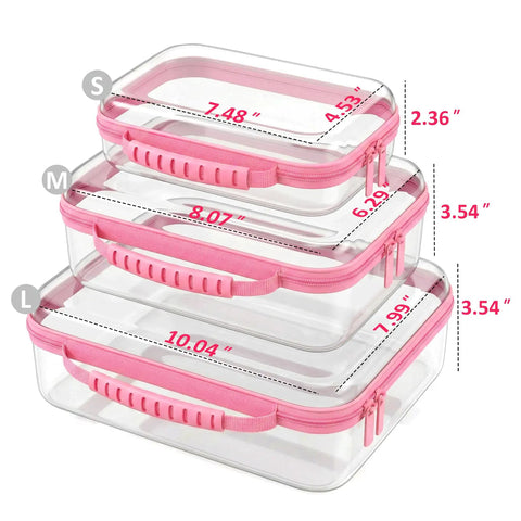 3 sizes of Large Clear Hard Shell Storage Bags With Handle 3 Piece Set Waterproof Organizer Pouches stacked with pink handles