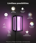 Impress Outdoor Smart Wall Light With Color Ambiance LED, 16W Black Finish, shown with features like dimming and color changing.