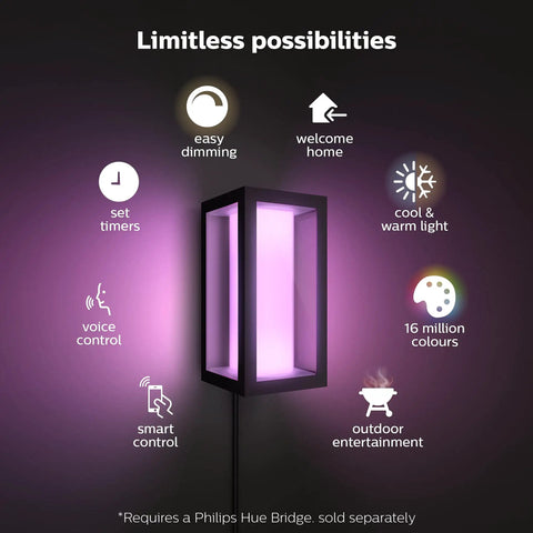 Impress Outdoor Smart Wall Light With Color Ambiance LED, 16W Black Finish, shown with features like dimming and color changing.