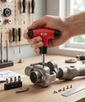 Fabater T Handle Preset Torque Wrench Tool With 6Nm Click Ratchet Driver and 4 Bits for precise tightening on a gray device.
