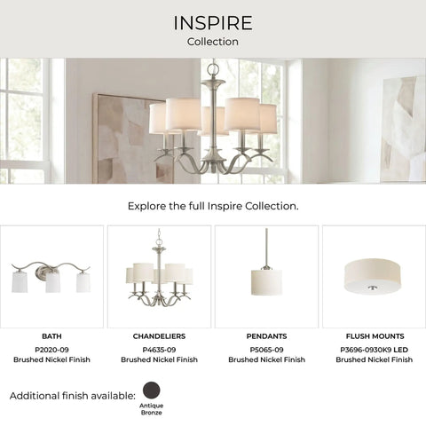 Inspire collection with two light flush mount in brushed nickel with off white linen shade and etched glass diffuser options.