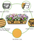 2 Pack 24 Inch Window Box Planters With Adjustable Brackets For Porch Fence Patio Balcony Hanging Flower Baskets Black Metal Outdoor Garden Decor With Woven Fabric And Elegant Butterfly Design displayed with flowers and features labels.