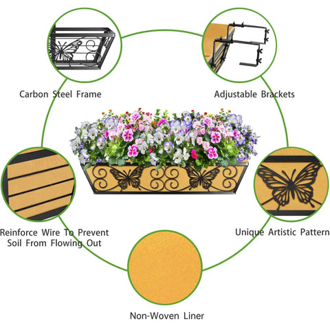 2 Pack 24 Inch Window Box Planters With Adjustable Brackets For Porch Fence Patio Balcony Hanging Flower Baskets Black Metal Outdoor Garden Decor With Woven Fabric And Elegant Butterfly Design displayed with flowers and features labels.