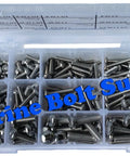 Type 316 stainless steel Phillips pan-head machine screws kit for marine use in a clear plastic organizer box.