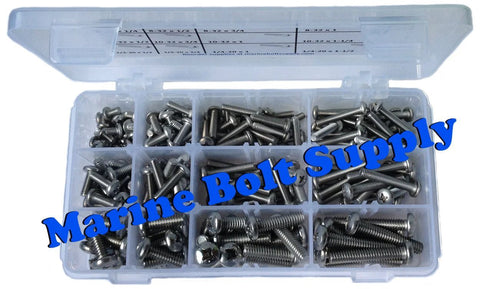 Type 316 stainless steel Phillips pan-head machine screws kit for marine use in a clear plastic organizer box.
