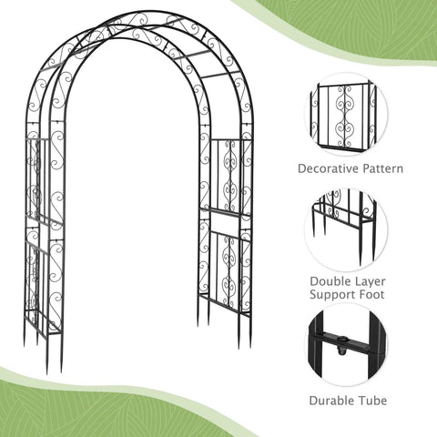 Sturdy Black Steel Garden Arch For Outdoor Weddings And Party Decor, with decorative pattern, durable tube, and support foot.