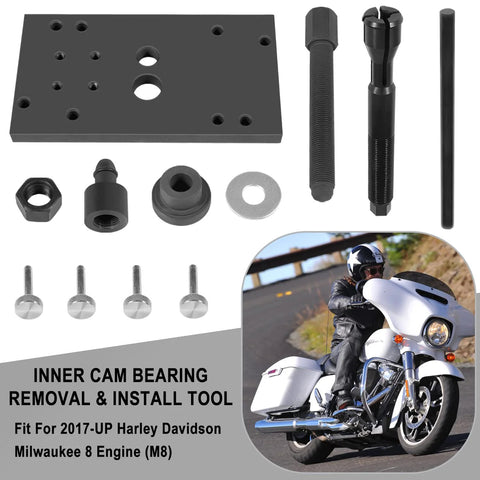 M8 cam inner bearing installer/remover kit with base plate and puller rod for 2017+ Harley Milwaukee-Eight engines.