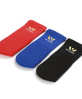 Instep Guard For MMA Boxing And Kickboxing Training Ankle Support Pad With Foam Liner in black, red, and blue.