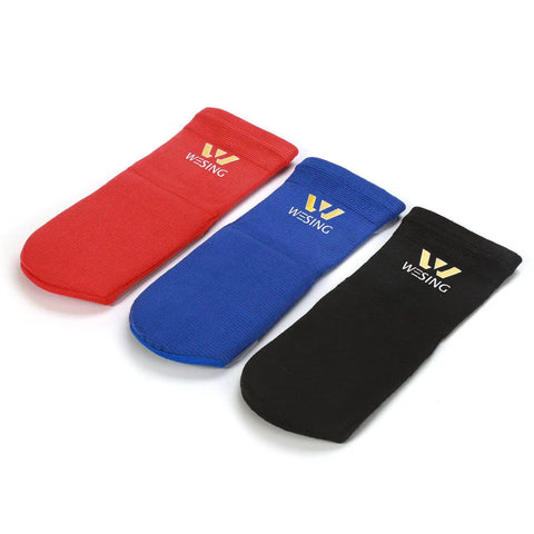 Instep Guard For MMA Boxing And Kickboxing Training Ankle Support Pad With Foam Liner in black, red, and blue.