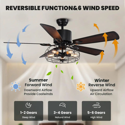 Dope 52 Inch Farmhouse Ceiling Fan With Light And Remote showing reversible airflow and 6 wind speeds, black rustic industrial style.