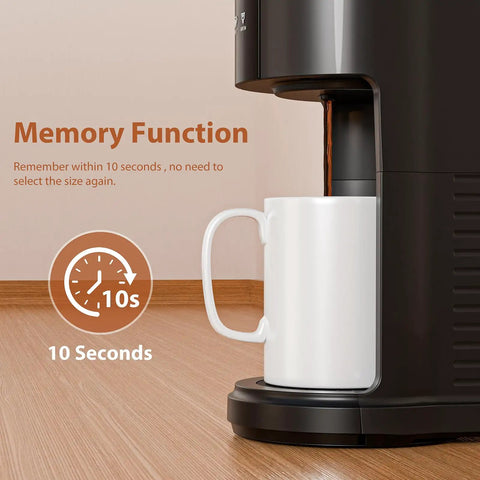 Two Way Single Serve Coffee Maker For Pods Or Ground Coffee, Quick Brew In 6 To 14 Ounce Sizes, black brewing into white mug