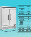 Top Tier Heavy Hitter 54 Inch Double Solid Door Reach In Refrigerator With 49 Cubic Foot Storage And Stainless Steel Finish for Commercial Kitchens in silver.