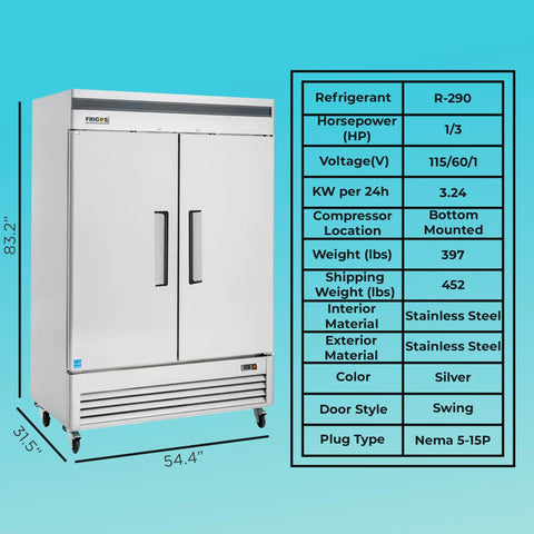 Top Tier Heavy Hitter 54 Inch Double Solid Door Reach In Refrigerator With 49 Cubic Foot Storage And Stainless Steel Finish for Commercial Kitchens in silver.