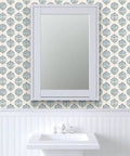 Sick Periwinkle Matte Wallpaper With Subtle Linen Texture covering a bathroom wall with a white sink and mirror.