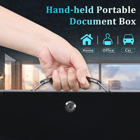Hand holding Boss-Grade Portable Safe Box With Key Lock For Fire Resistant Document Storage At Home In The Car Or Outdoors.