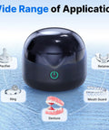 Ultrasonic Retainer Cleaner 45 KHz Deep Clean All In One Machine For Dentures Night Guards Braces Toothbrush Heads And Jewelry With 4 UV Lamps Odor Busting Dual Cleaning Modes Gloss Black Finish, shown with pacifier, ring, mouth guard, denture