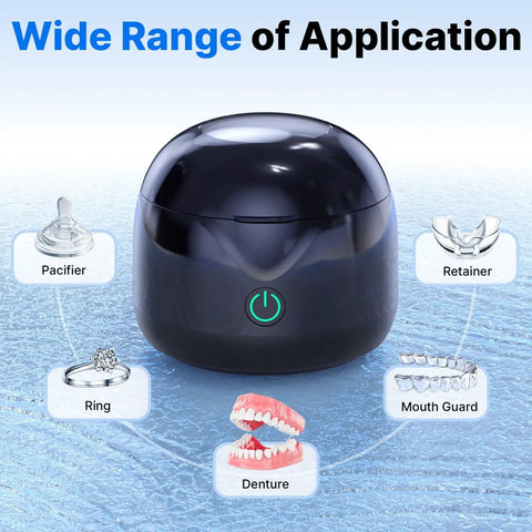 Ultrasonic Retainer Cleaner 45 KHz Deep Clean All In One Machine For Dentures Night Guards Braces Toothbrush Heads And Jewelry With 4 UV Lamps Odor Busting Dual Cleaning Modes Gloss Black Finish, shown with pacifier, ring, mouth guard, denture