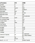 Technical parameters table for Foldable Walk Behind Floor Scrubber Machine with 180 RPM and 300W motor showing dimensions and specs.