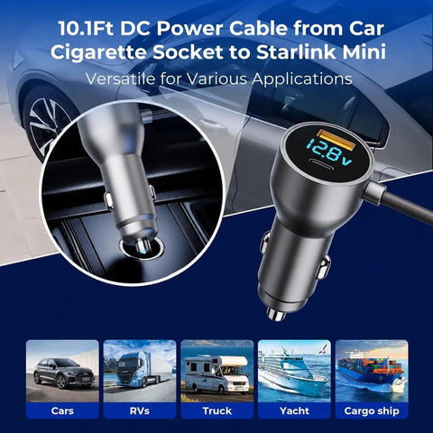 Highway Hero Three In One Car Power Cable For Starlink Mini with 10.1Ft cable, car cigarette socket connection for versatile use.