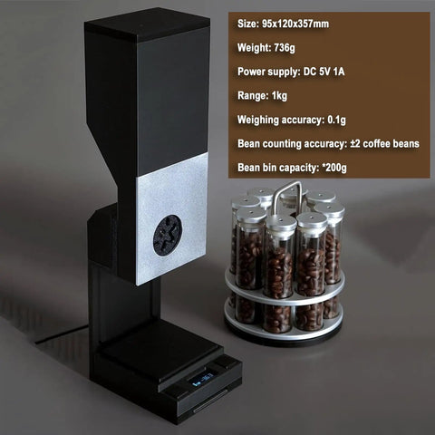 Dead Accurate Automatic Coffee Bean Dispenser With Dual Weight Presets And Smart Auto Calibration For Hassle Free Single Or Continuous Dosing 200 Gram Hopper with transparent bean container.
