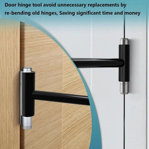 Close-up of Door Hinge Adjustment Tool For.134 And.180 Hinges, Black Steel With Polished Finish on wooden door.