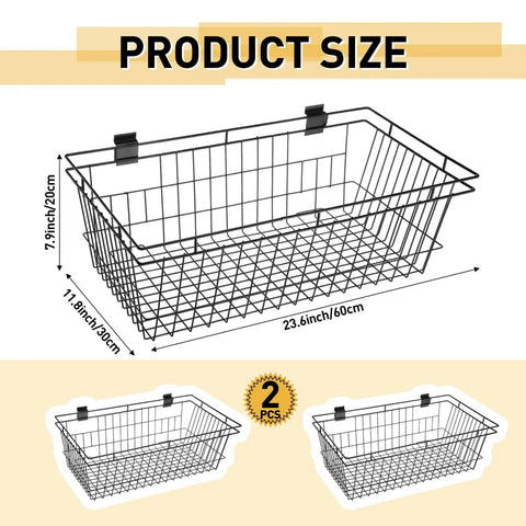 Diagram of Two Large Black Slatwall Wire Baskets For Wall Mount 23.6 By 11.8 By 7.9 Inches Metal Slatwall Storage Baskets