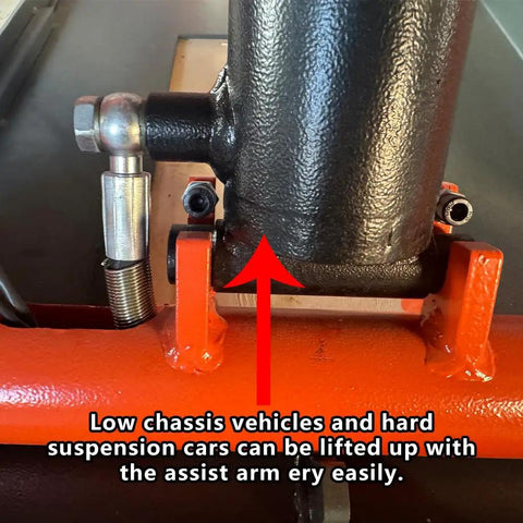 Close-up of assist arm for Heavy Duty Eight Thousand Pound Scissor Lift With Lockable Drive Ramps, showing lifting mechanism for low chassis cars.