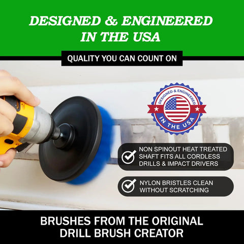 Medium Drill Brush Attachments For Cleaning Tile Grout Dishes Pots Pans Air Fryers And Boat Hulls Cordless Power Spin Scrubber Drill Attachment Electric Dish Scrubber Spin Brushes That Work With Any Drill in use on tile grout, blue nylon bristle brush attached to a cordless drill in action.