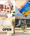 Basswood sheets 18x24x1/8 in, 12-pack; collage showing architectural model, wood painting, sign making, and laser projects.