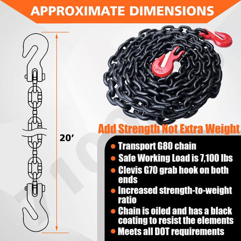G80 Binder And Safety Chain Three Eighths Inch By Twenty Foot Beefy Heavy Duty Transport Chain With Clevis Grab Hooks 7100 Lbs