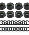 Two Sets Black Imperial Hex M8 Skateboard Side Nut Washers With Non Slip Rubber Ring in 8 nuts and 16 spacers layout