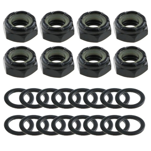 Two Sets Black Imperial Hex M8 Skateboard Side Nut Washers With Non Slip Rubber Ring in 8 nuts and 16 spacers layout