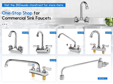 Commercial sink faucets display with various chrome designs, dual handles, and threaded brass fittings in a one-stop shop showcase.