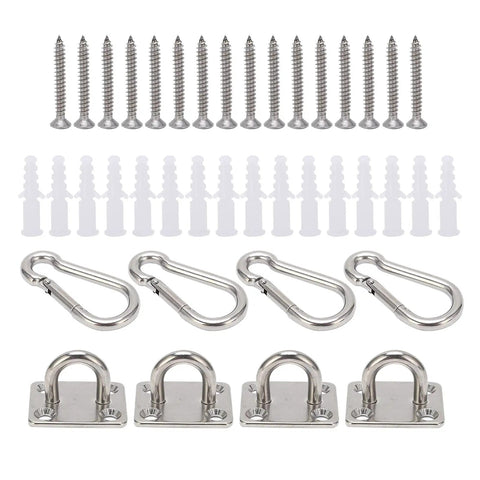 Stainless Steel Hook Hanging Kit Heavy Duty Suspension Hardware For Ceiling Yoga Swing Hammock Mount Rust Resistant And Durable Mounting System For Home Gym Or Outdoor Use with screws, carabiners, and mounting plates.