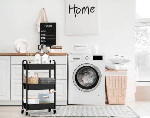 3 Tier Rolling Metal Storage Organizer Cart With Caster Wheels Mobile Utility Kitchen Cart For Home Office Garage And Craft Space Durable Powder Coated Steel With Mesh Shelves Black next to washer