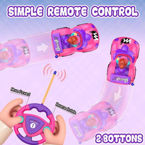 Toddler Friendly Remote Control Car For Girls Aged 2 To 4 Simple Two Button RC Vehicle With Lights And Music Kiddo Approved Easy Forward Backward Navigation Cute Pink Toy Gift For Little Girls Birthday showing control and movement