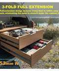Side Mount Ball Bearing Drawer Rails Pair, 53mm Wide, demonstrating 3-fold full extension feature in open drawers outdoors