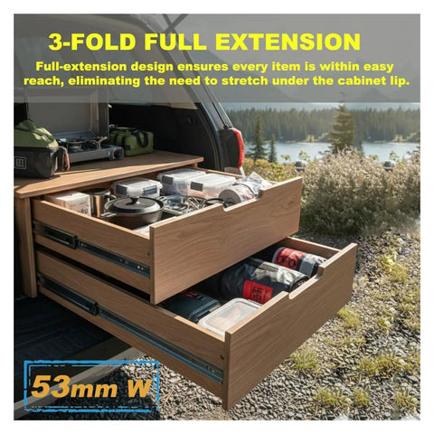 Side Mount Ball Bearing Drawer Rails Pair, 53mm Wide, demonstrating 3-fold full extension feature in open drawers outdoors